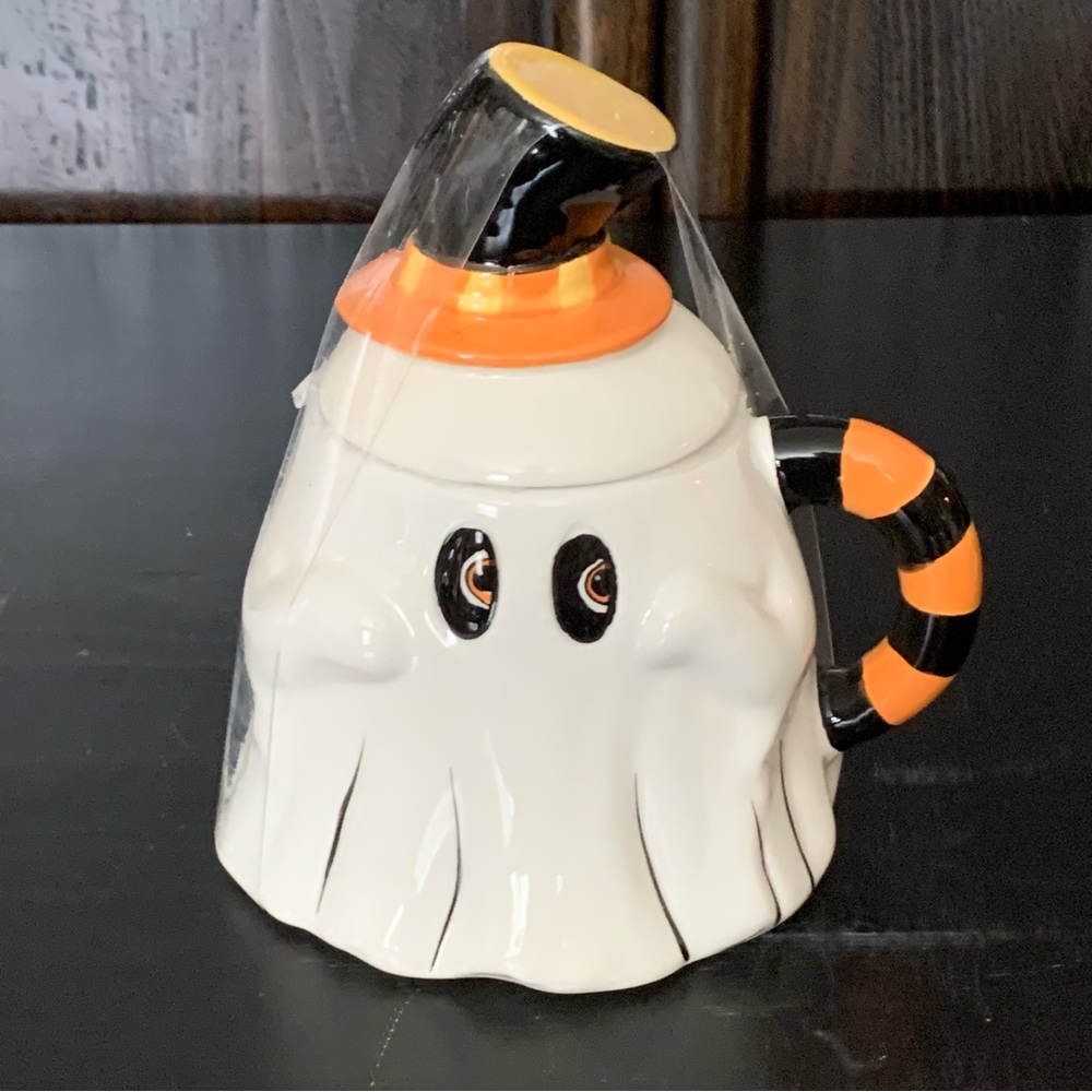 Ghost in Top Hat Figural Halloween Mug - Transpac Little Village Shelly Comiskey